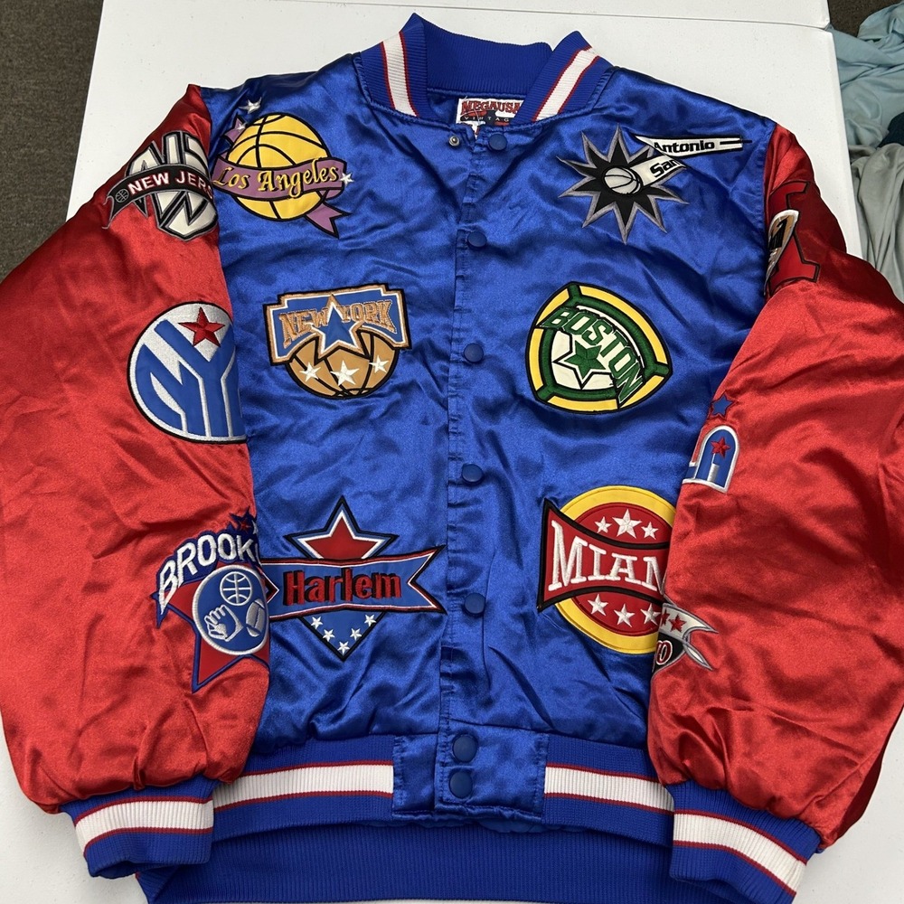 Megausa Varsity Jacket Mens XL Blue Red Excellent Satin Patchwork Bomber Sport
